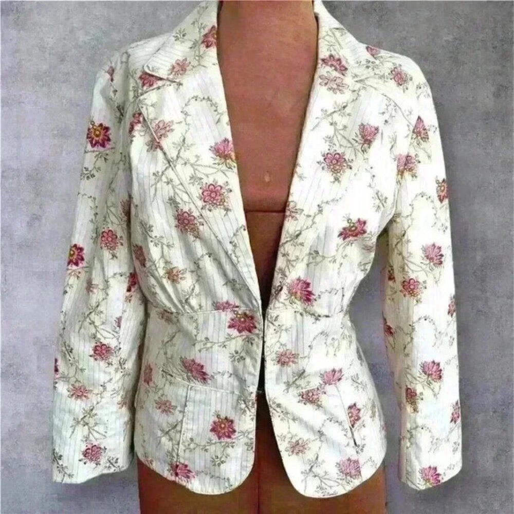 W Work to Weekend Sz 12 Fitted Blazer Cream Floral Lace Up Cottage Core Romantic